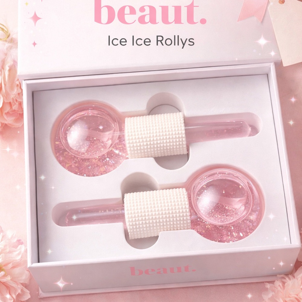 Beaut Ice Ice Rollys Glass Freezable Facial Massage Globes 2 Count Pink NEW